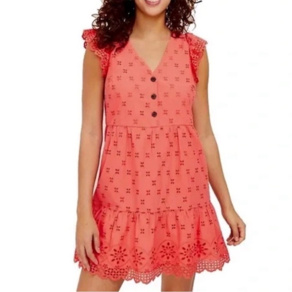 LOFT Coral Eyelet Flutter Sleeve Button Front Dress Sz 4
